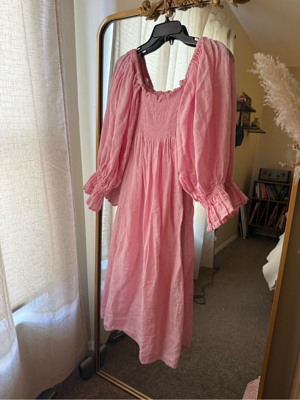 Sleeper Pink Smocked Midi Dress with Puff Sleeves